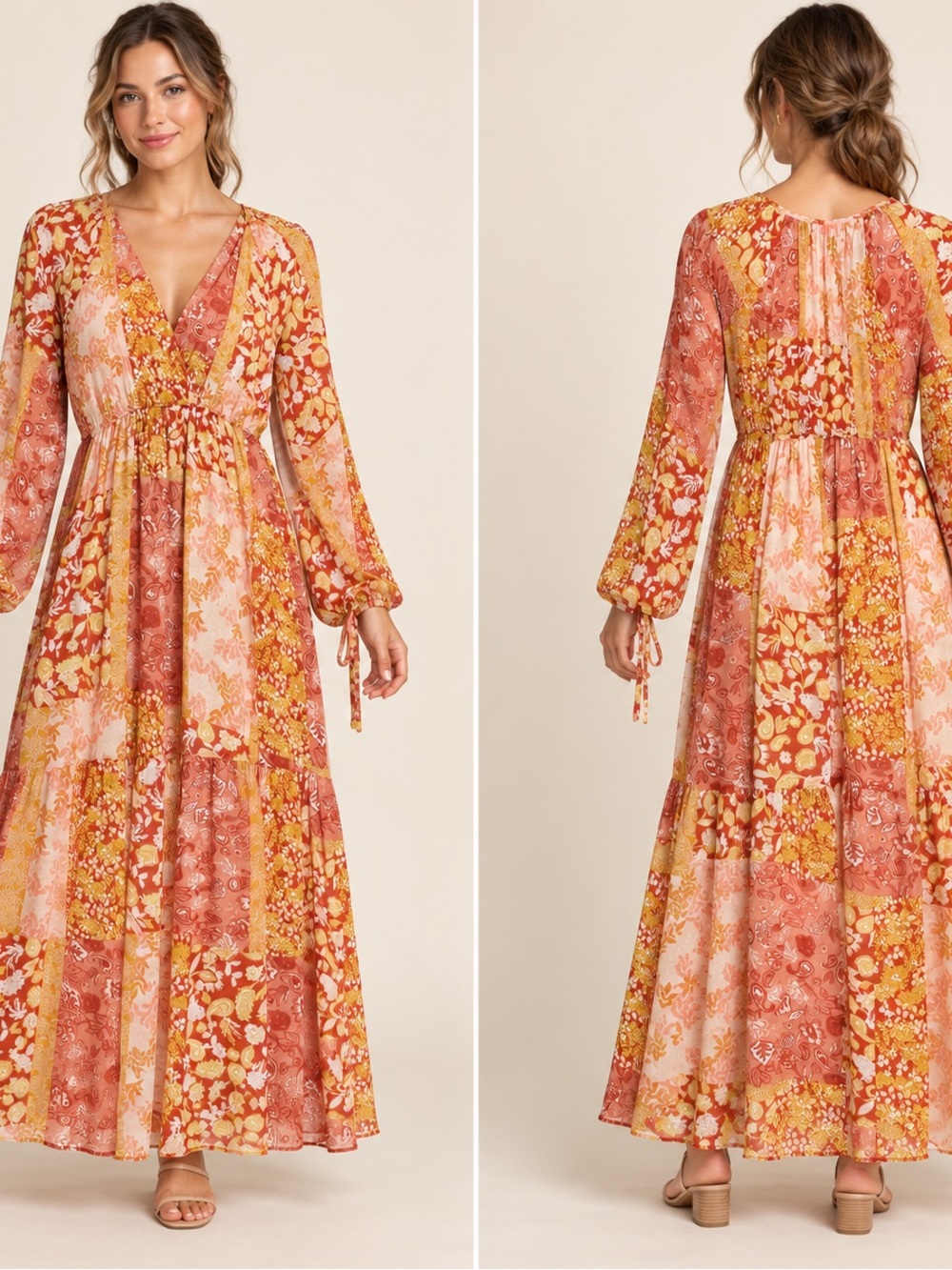 Pink Lily Rust, Pink & Yellow Patchwork Maxi Dress